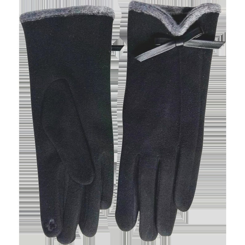 Gants noeud papillon femme avec bordure en fourrure Cadeau pour elle Gants noeud papillon femme Black