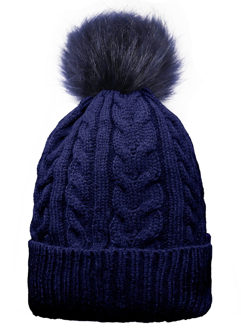 Gorro de punto con pompón para adulto con forro de piel sintética, gorro de invierno Navy