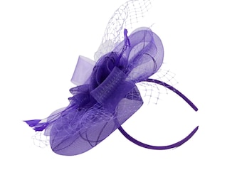 Purple Fascinator Disk Netted Flower With Headband & Hair Clip