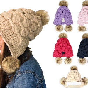 Triple pompom hat ladies women winter warm hat