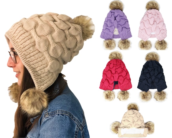 Bonnet d'hiver à triple pompon pour femmes -  France