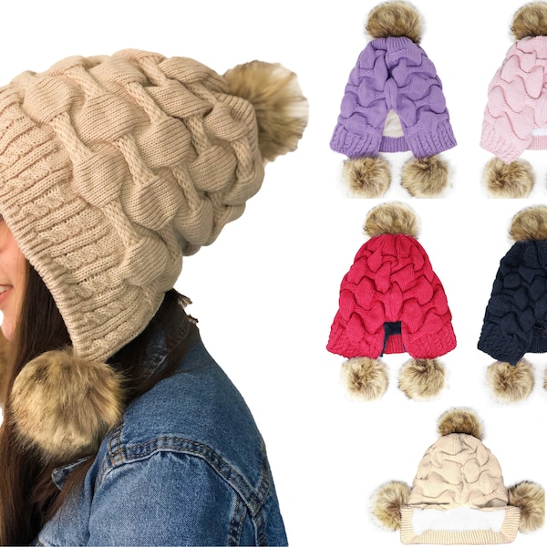 Triple pompom hat ladies women winter warm hat