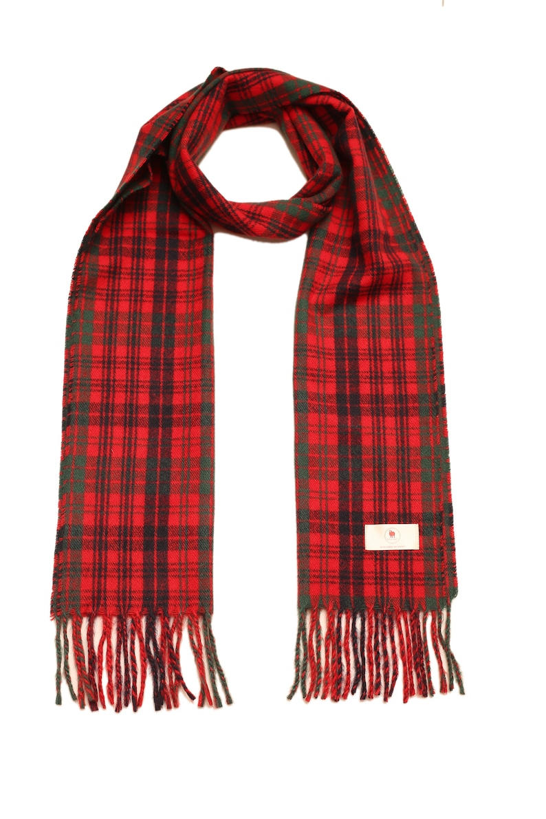 May include: Red, green, and black plaid scarf with fringed ends.