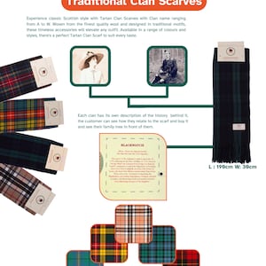 May include: A collection of colorful tartan scarves with a variety of patterns. The scarves are displayed on a white background with a description of the history of the Blackwatch tartan. The text reads "123 Tartans to Choose From". Each scarf is 190 cm long and 30 cm wide.
