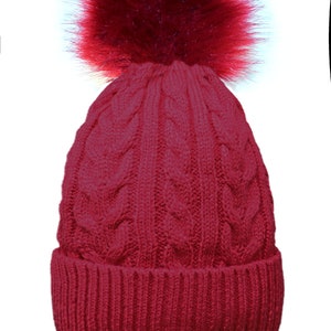 Gorro de punto con pompón para adulto con forro de piel sintética, gorro de invierno Burgundy