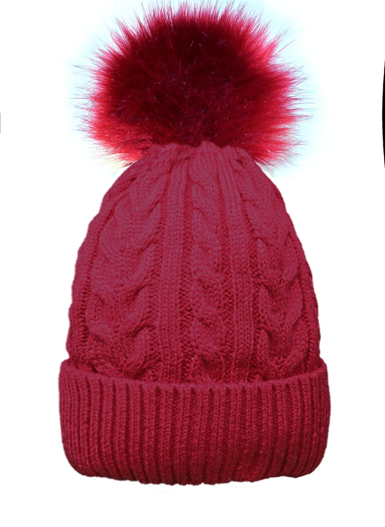 Gorro de punto con pompón para adulto con forro de piel sintética, gorro de invierno Burgundy