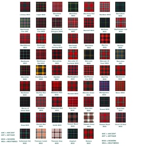 May include: A chart of different tartan patterns, each with a name and the abbreviation MOD or ANC. The chart is organized in rows and columns, with each tartan pattern displayed in a square.