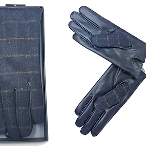 Tweed Touch Screen Winter Faux Leather Mens Gloves Plaid In Gift Box
