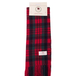 May include: Red and green plaid scarf with fringe. The scarf has a label that says "Macduff Modern Superior Cashmere Clan Scarf".