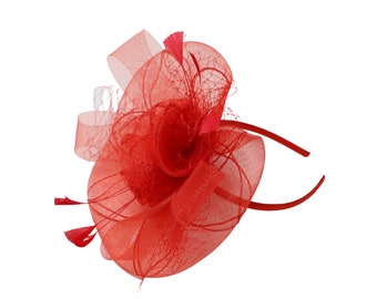 Roter Fascinator mit Netzblume, Stirnband und Haarspange