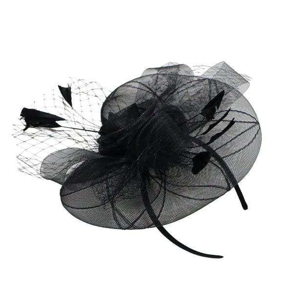 Black Fascinator Netted Disk Flower With Hairband And Hairclip Funeral Hat Bridal Hat