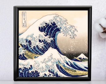 The Great Wave Gift Box, Personalized Wood Jewelry Storage, Keepsake Valet, Watch Box Dad, Husband, Brother, Groomsman Best Man, Hokusai Art