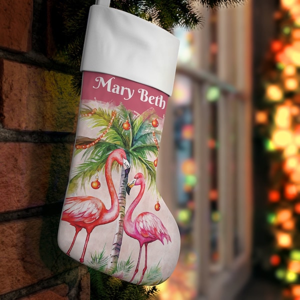 Pink Flamingos Personalized Stocking, Whimsical Tropical Beachy Christmas, Custom Name Gift for Family, Coastal Unique, Non Traditional Xmas