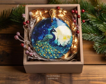 Peacock Christmas Ornament, Van Gogh Starry Night Inspired Watercolor Art, Personalized Mother's Day gifts, Ceramic, Customized Decoration