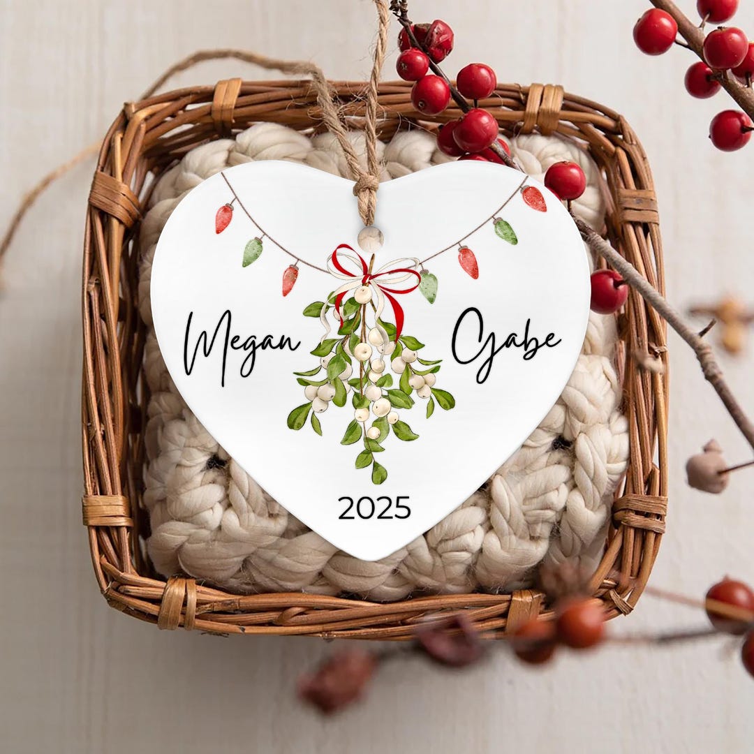 Personalized Mistletoe Heart Ornament: Custom Couple Names, Christmas ...