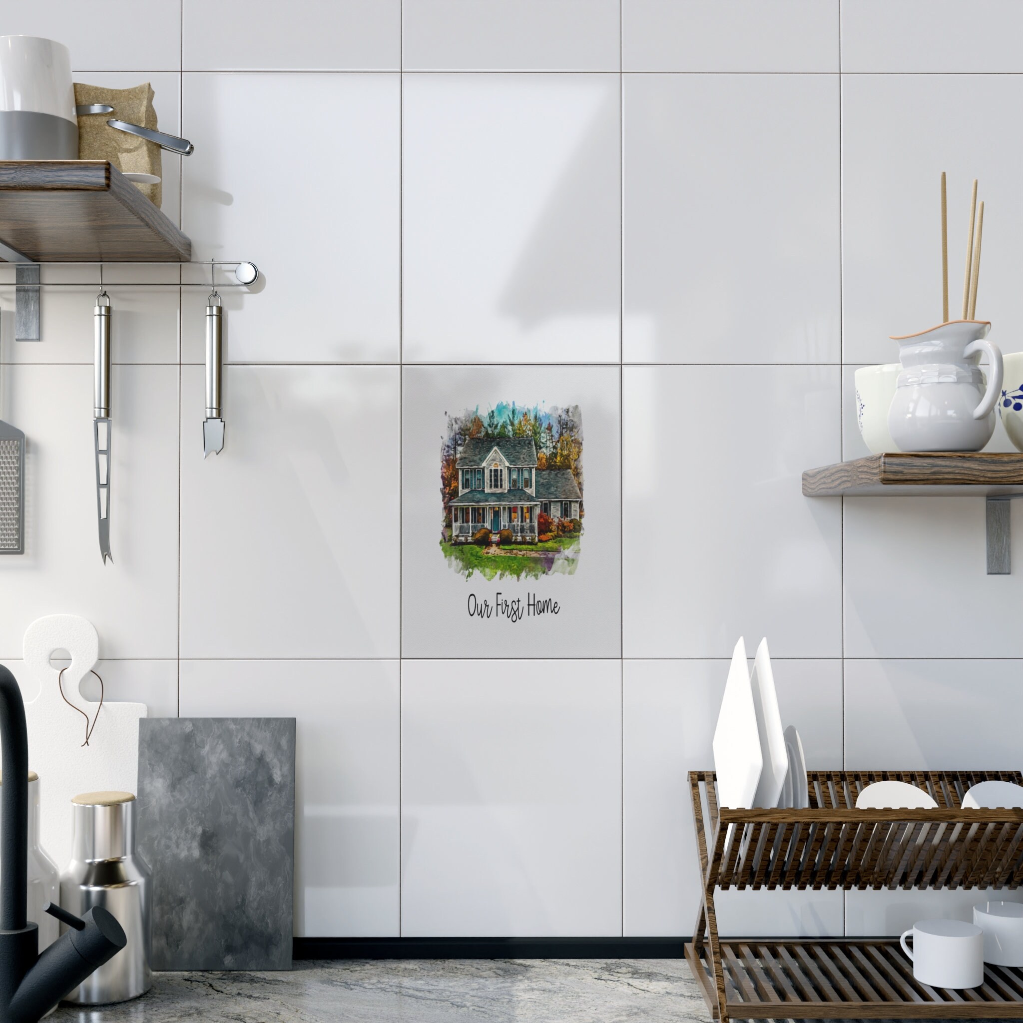 Custom Home Portrait Ceramic Tile, Painted Watercolor, Realtor