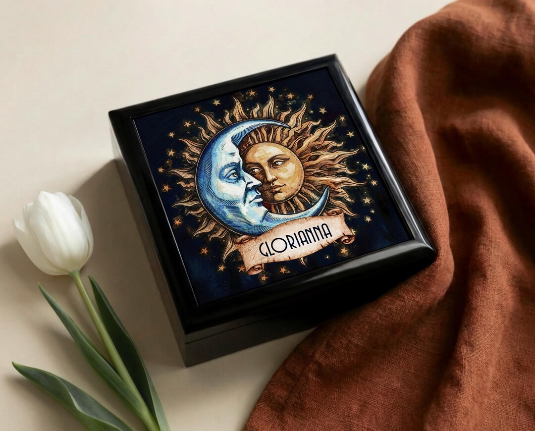 Personalized Celestial Sun Moon Keepsake Box, Wooden Jewelry Storage ...