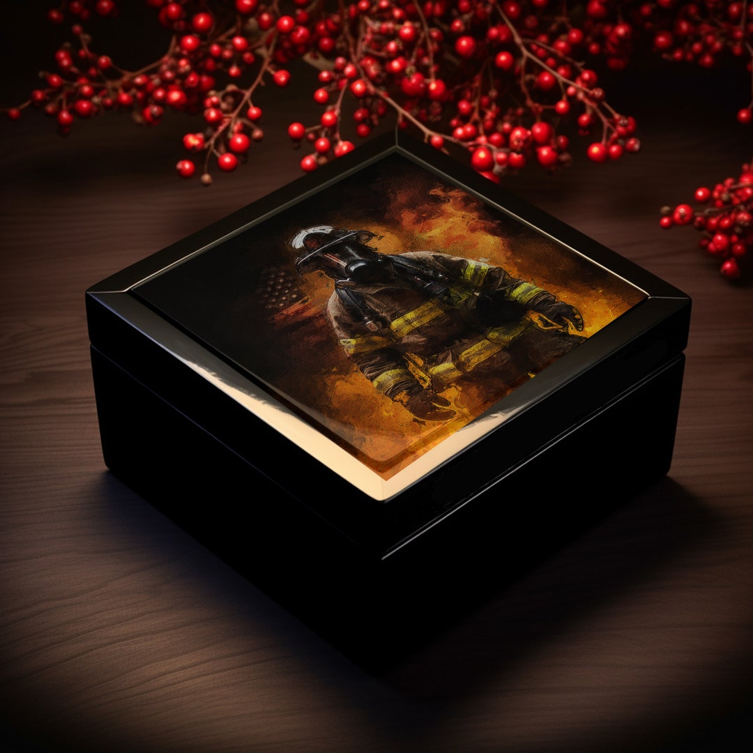Personalized Firefighter Gift Wooden Ceramic Keepsake Box, Jewelry Box ...