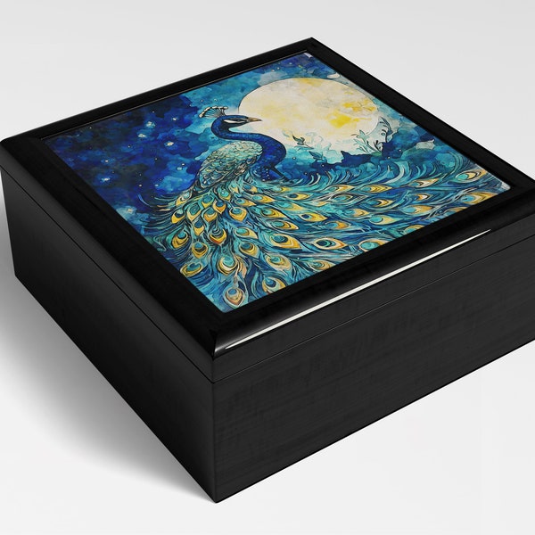 Peacock Moon Box, Keepsake Valet Jewelry Box For Her, Peacock lover, Mother's Day Gifts, Beautiful Memory Treasure Trinket Box, Personalized