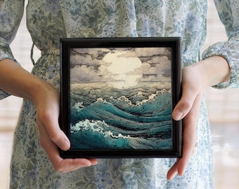 Ocean Waves Wood and Ceramic Tile Box, Personalized Jewelry Box for Man, Keepsake Box for Him, Trinket Box, Sentimental Gift, Dad, Husband