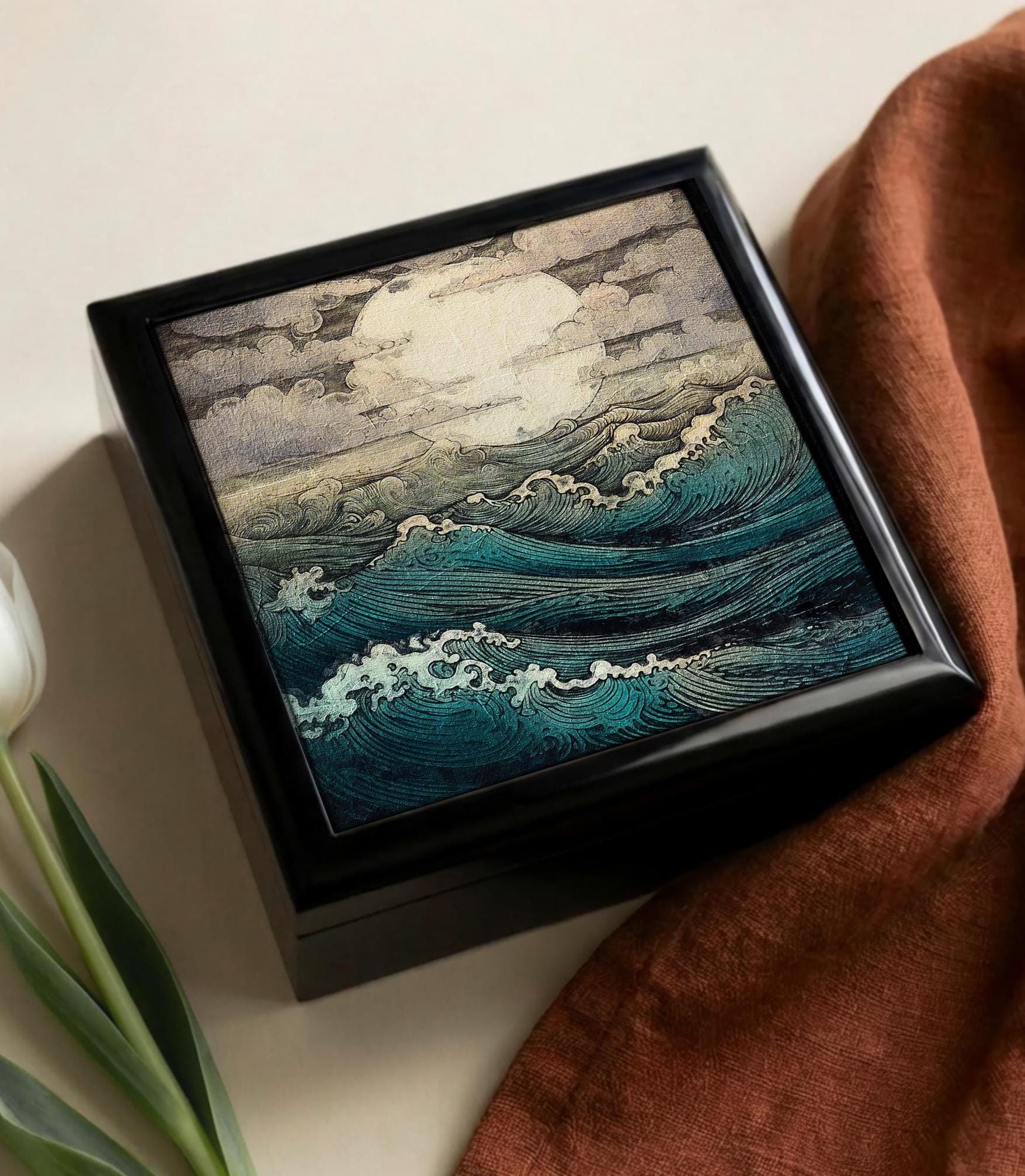 Ocean Waves Wood and Ceramic Tile Box, Personalized Jewelry Box for Man, Keepsake Box for Him, Trinket Box, Sentimental Gift, Dad, Husband