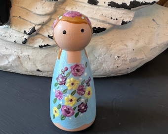 Blue Shimmer Flower Fairy/Peg Doll/Wooden Doll/ Montessori Inspired