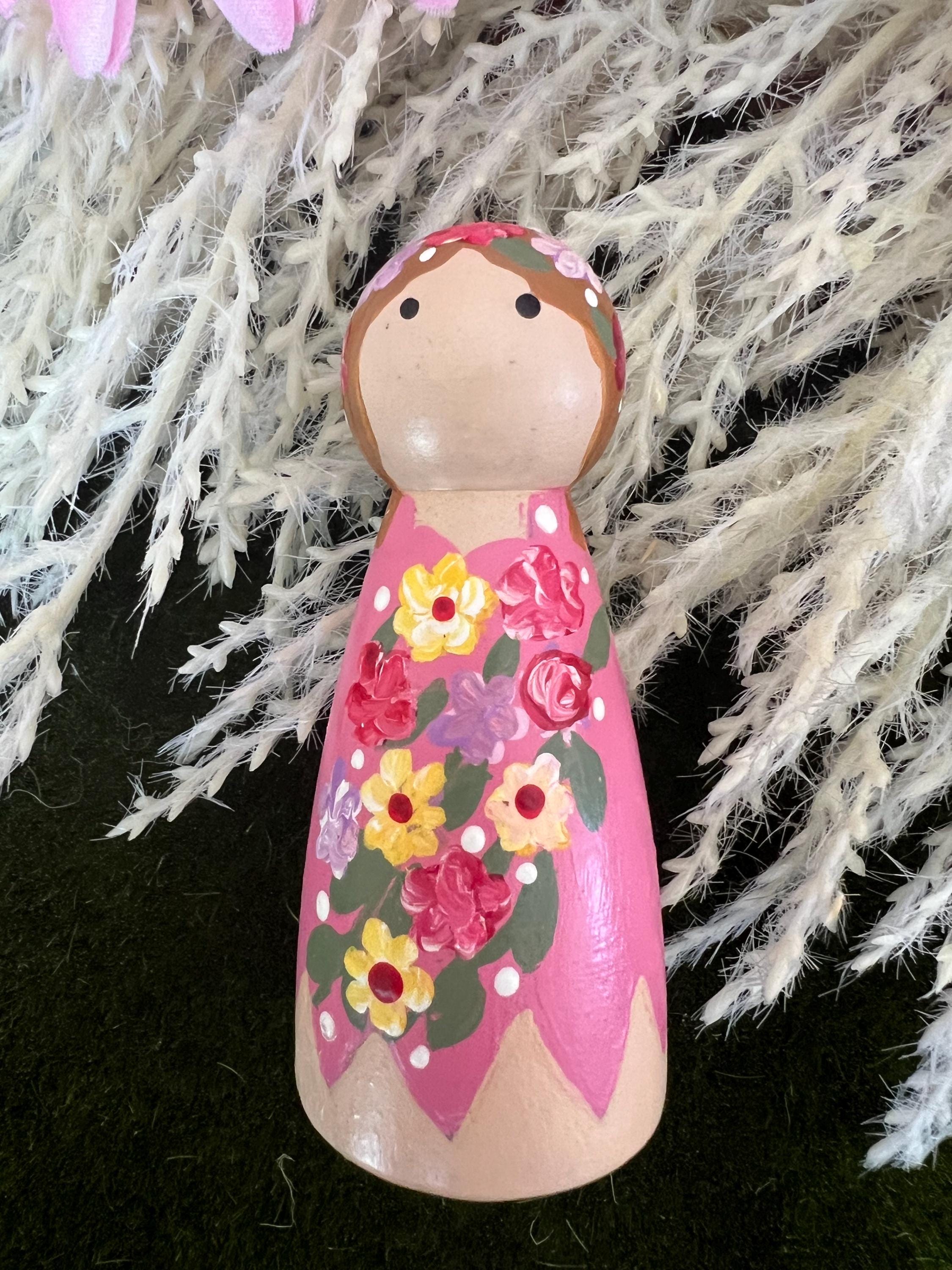 ピンクの花の妖精ペグ人形 / オープンエンドプレイ / モンテッソーリ風 ペグ人形冬の花の妖精