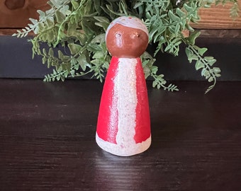 Mrs Clause Peg Doll/Montessori/Hand Painted/ Wooden Doll/Open Ended Play