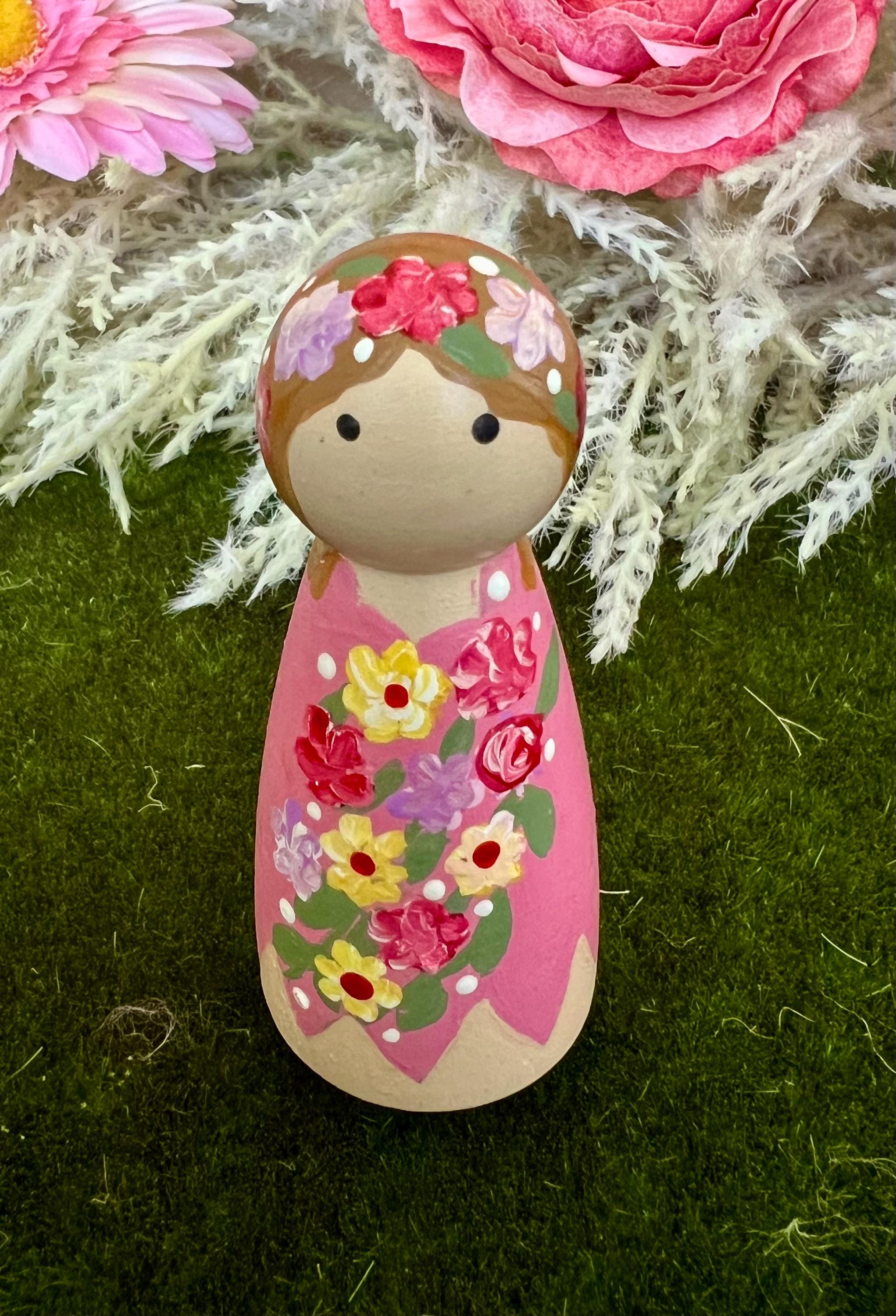 ピンクの花の妖精ペグ人形 / オープンエンドプレイ / モンテッソーリ風 ペグ人形冬の花の妖精