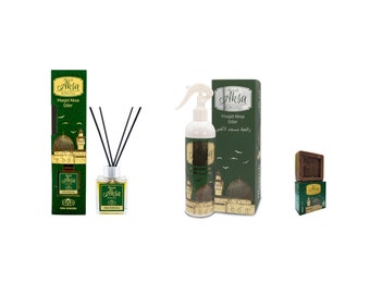 Masjid Aksa -  3 Produkte im Paket - Raumduft Diffuser mit Stäbchen (100 ml), Sprühflasche und Seife, Misk, Musk, Islam, Eid