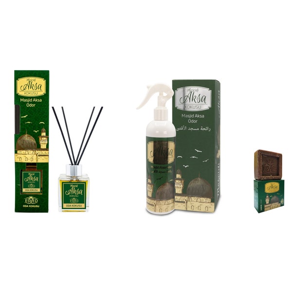 Masjid Aksa -  3 Produkte im Paket - Raumduft Diffuser mit Stäbchen (100 ml), Sprühflasche und Seife, Misk, Musk, Islam, Eid