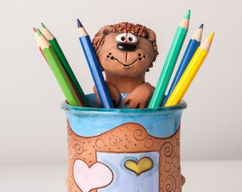 Handmade ceramic pen/pencil/toothbrush/paintbrush holder, lion design, pencil box with fun animals, Christmas gift for kids for organizing