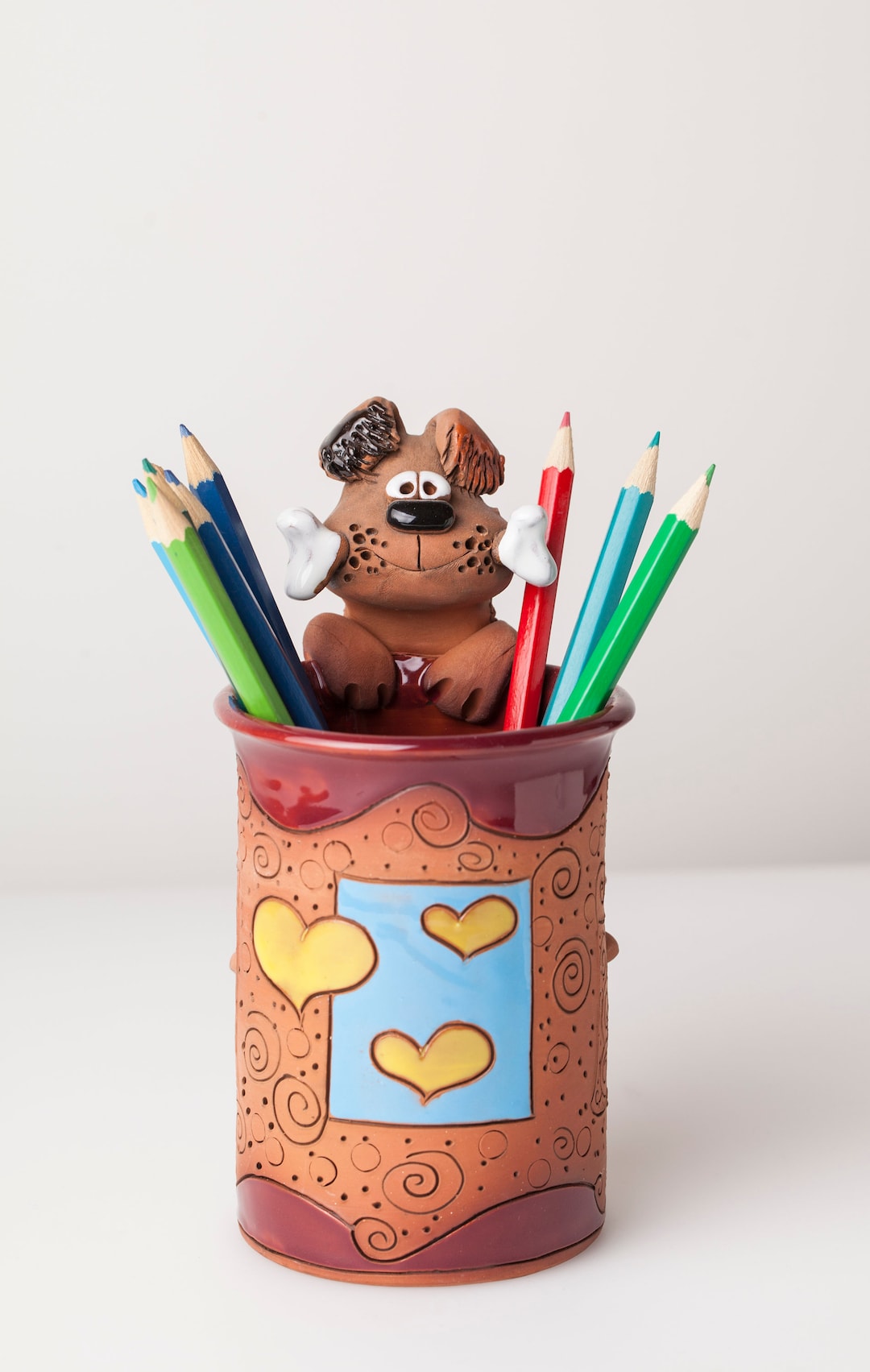 Handmade Ceramic Pen/pencil Holder, Dog Design, Pencil Box With Fun