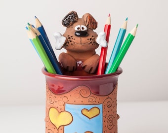 Handmade ceramic pen/pencil holder, dog design, pencil box with fun animals, Christmas gift for kids for organizing