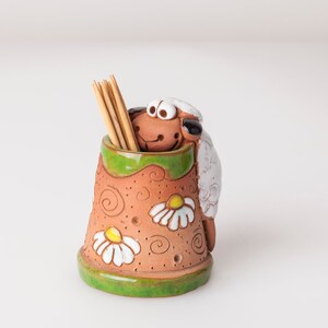 Ceramic toothpick or match holder, fun sheep design, toothpicks holder, housewarming gift, gift for sheep lovers, farm animals image 1