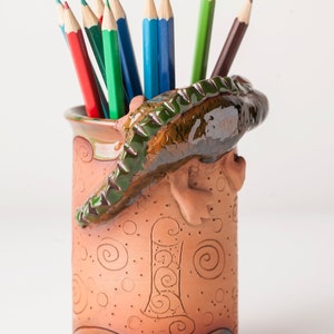 Handmade ceramic pen/pencil holder, crocodile design, pencil box with fun animals, Christmas gift for kids for organizing image 2