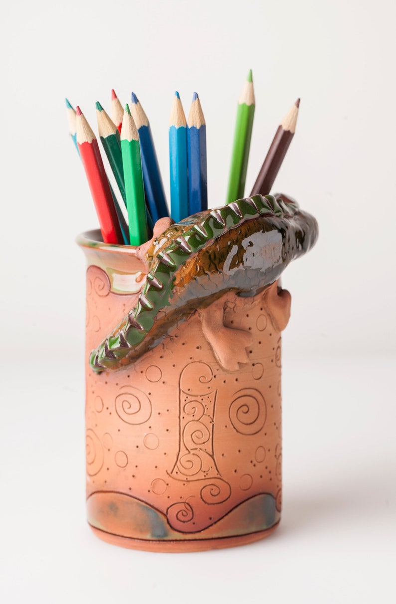 Handmade ceramic pen/pencil holder, crocodile design, pencil box with fun animals, Christmas gift for kids for organizing image 2