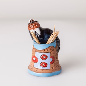 Ceramic toothpick or match holder, fun walrus design, toothpicks holder, housewarming gift, gift for sheep lovers, farm animals