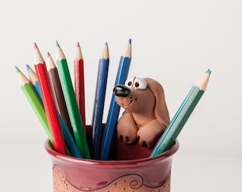 desk organizer Doberman Pen holder with dog wooden pencil stand with photo brush holder custom stationery