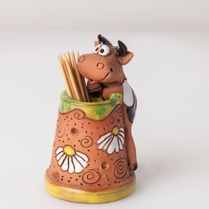 Ceramic toothpick or match holder, fun cow design, kitchen decor, toothpicks holder, housewarming gift, gift for cows lovers