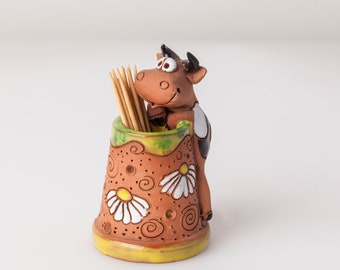 Ceramic toothpick or match holder, fun cow design, kitchen decor, toothpicks holder, housewarming gift, gift for cows lovers