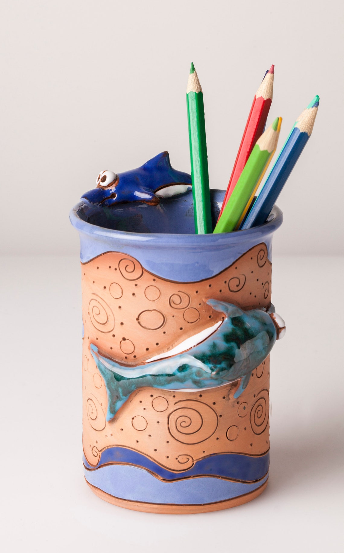 Handmade Ceramic Pen/pencil Holder, Dolphins Design, Pencil Box With ...