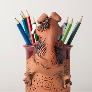 Handmade Ceramic Pen/pencil Holder, Dog Design, Pencil Box With Fun ...