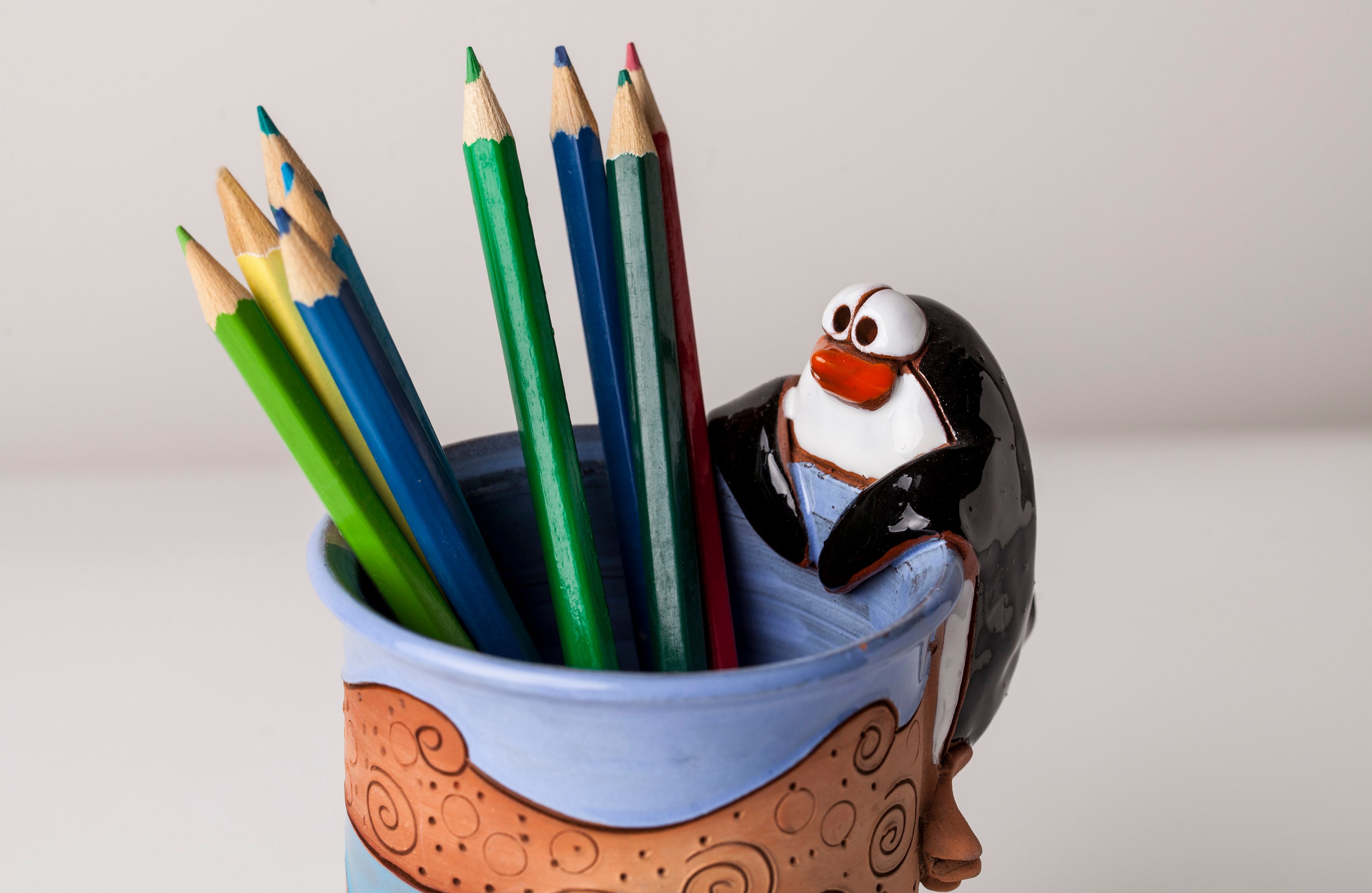 Handmade Ceramic Pen/pencil Holder, Penguin Design, Pencil Box With Fun Animals, Christmas Gift