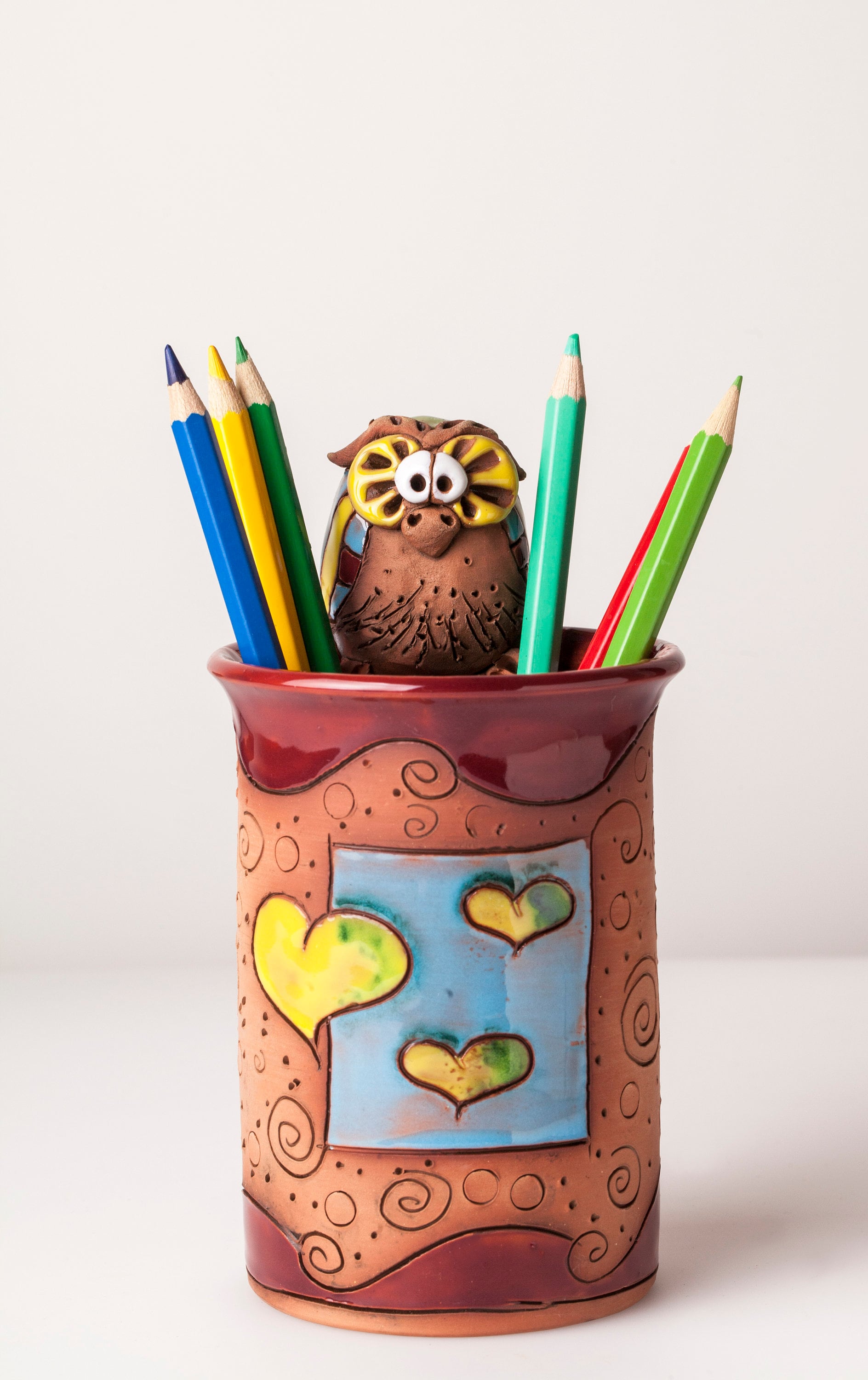 Handmade Ceramic Pen/pencil Holder, Owl Design, Pencil Box With Fun