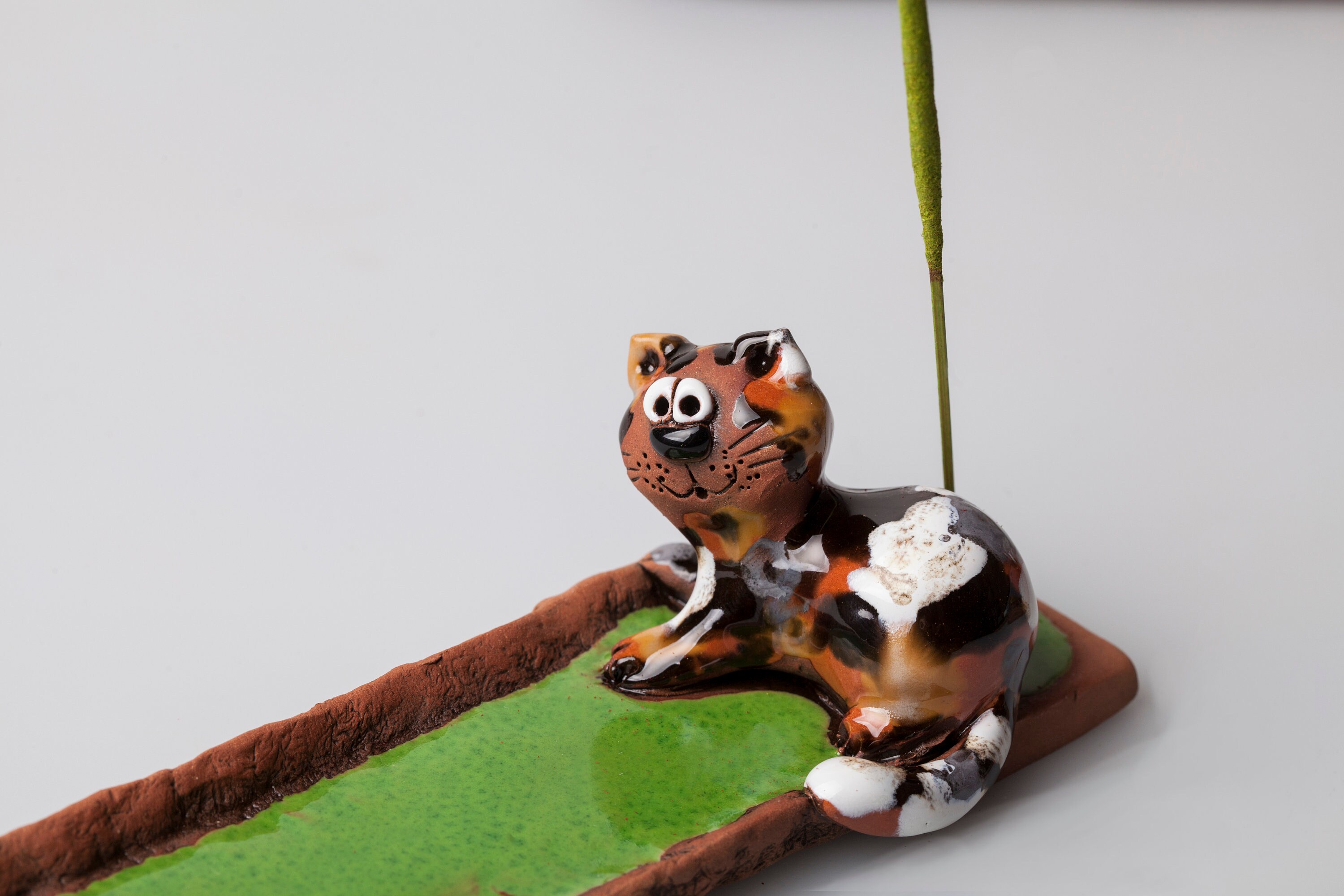 thumbnail image 2 of Handmade Cat On The Moon Raku Pottery Incense Burner – Signed Art Piece 2 of 6