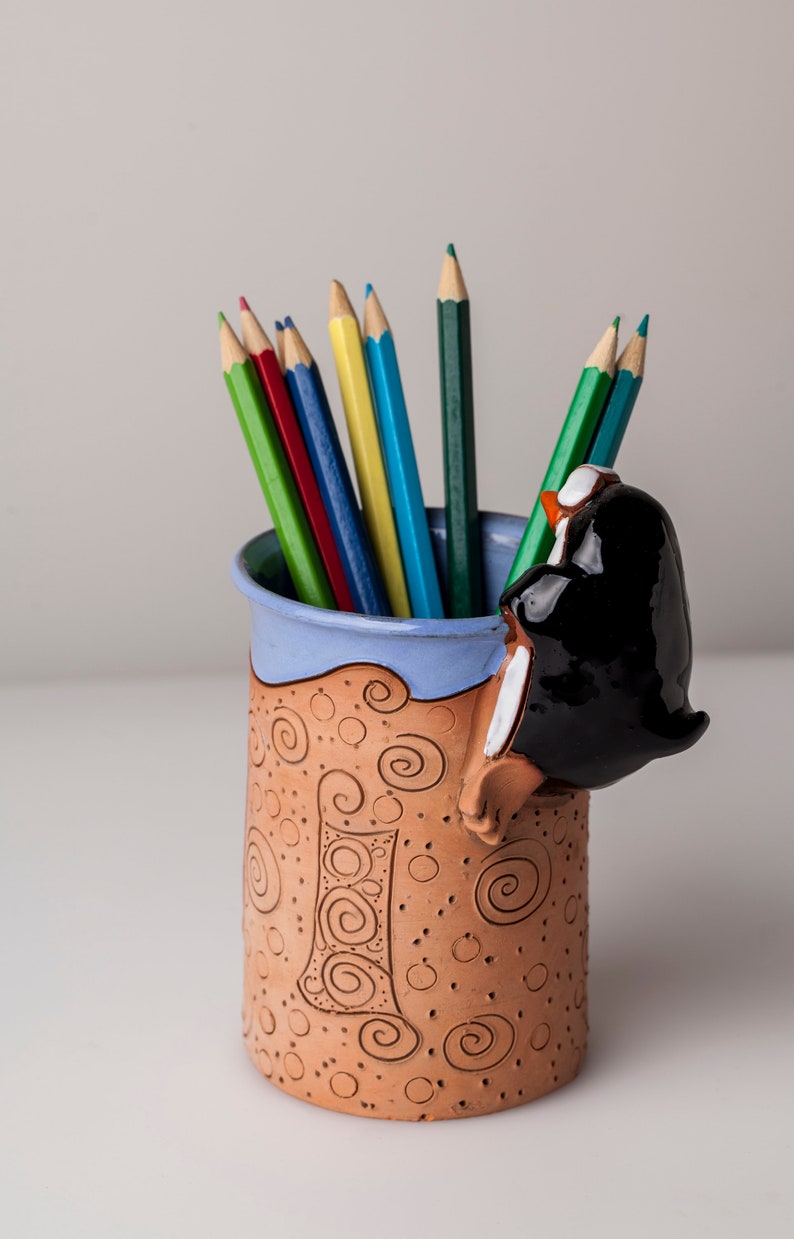 Handmade Ceramic Pen/pencil Holder, Penguin Design, Pencil Box With Fun ...