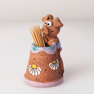 Ceramic toothpick or match holder, fun pig design, kitchen decor, toothpicks holder, housewarming gift, Christmas gift, Gift for pig lovers