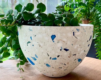 Medium Terrazzo Planter White with recycled blue glass | Colur Planter | Big Plant Pot | White planter | Indoor pot | Outdoor pot