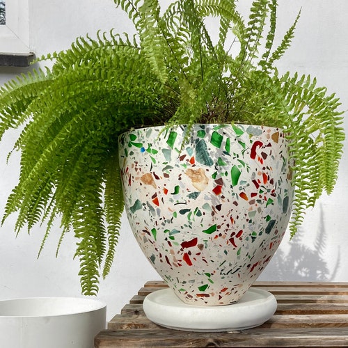 XL Slim Terrazzo Planter with recycled green glass | Green & Red Pot | Big Pot | Christmas tree pot | Outdoor pot | Indoor